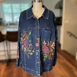 Susan Graver Blue Floral Beaded Jean Jacket Size Large